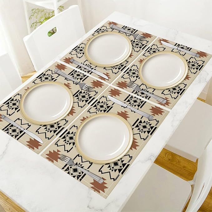 Aztec Placemats Set of 4 Boho Abstract Pattern Geometric Art Printed Dining Table Mats for Restaurant Home Kitchen Holiday Decor 12x18in