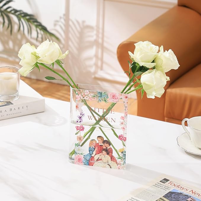 Book Vase, Acrylic Book Vase for Flowers, Book Flower Vase, Book Shaped Vases, Clear Book Vases, Small Vase for Bedroom, Living Room, Bookshelf, Office, Dining Table(Women)