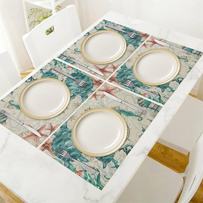 Sea Turtles Placemats Beach Nautical Ocean Starfish Seashell Art Printed Dining Table Mats Set of 4 for Restaurant Home Kitchen Holiday Picnic Party Decor 12x18in