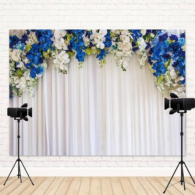 12x8ft White Wedding Backdrop White Blue Floral Flowers Photography Background Bride Groom Ceremony Party Bridal Shower Banner Decorations Engagement Proposal Portrait Photo Booth Prop
