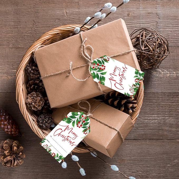 Andaz Press Christmas Holiday Season Classic Gift Tags, Merry Christmas to from Classic Favor Tags, Holly Greenery Leaves Design, for Holiday Events, Parties, and Favors, 60-Pack