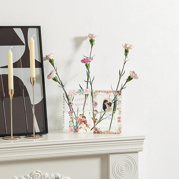 Book Vase, Acrylic Book Vase for Flowers, A Book About Flowers Vase, Book Shaped Vase, Book Flower Vase Clear, Modern Decorative Vase for Living Room, Bathroom, Office, Shelf, Set of 2
