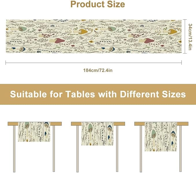 Mushroom Table Runner,Colorful Wild Plants and Fungus Botanical Plants Pattern Print Burlap for Hotel Indoors Outdoor Dining Room Kitchen Holiday Party, 13x70in