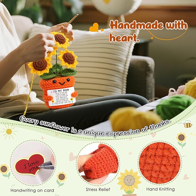 Mini Sentimental Gifts for Mom – Handmade Crochet Sunflower Mothers Day Birthday Gifts for Mom from Daughter Son Thank You Appreciation Gift You Are Loved Positive Reminder Christmas Stocking Stuffers