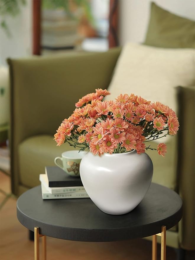 GeLive Short Round White Ceramic Vase Table Centerpiece Moon Jar Jingdezhen Handmade Pottery Vase Glossy Finish Planter Pot Waterproof for Fresh Dried Flower Home Decor Kitchen Utensil Holder