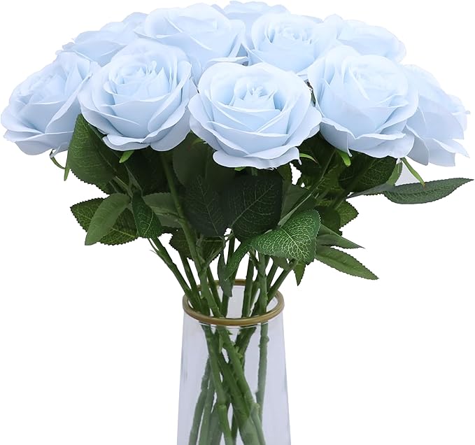 12pcs Roses Artificial Flowers Real Touch Fake Flowers with Long Stems Silk Flowers for Wedding Bouquet Centerpices Decorations Party Bridal Baby Shower Home Decor (Light Blue)
