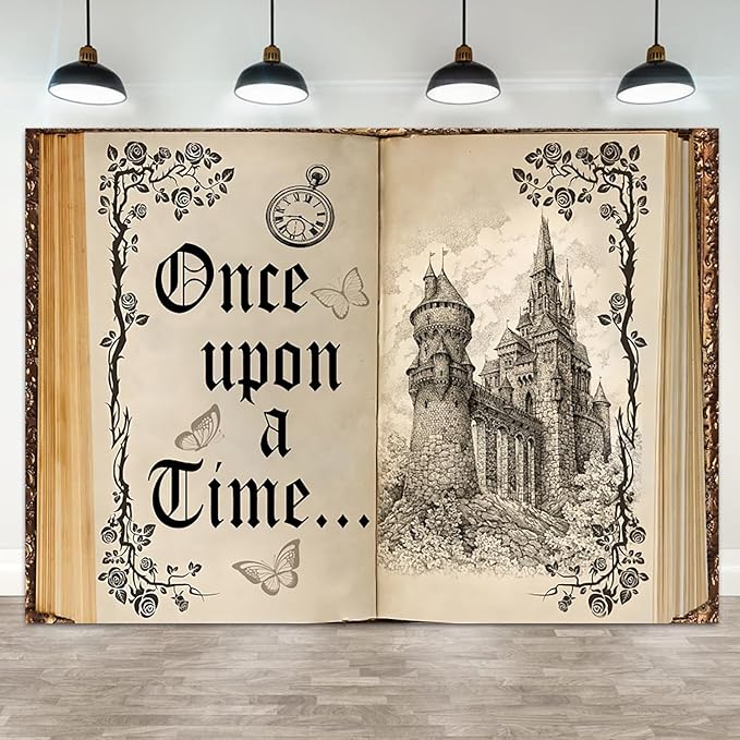 9x6ft Once Upon a Time Backdrop Fairy Tale Books Castle Princess Photography Background Once Upon a Time Birthday Baby Shower Decoration Storybook Wedding Party Banner