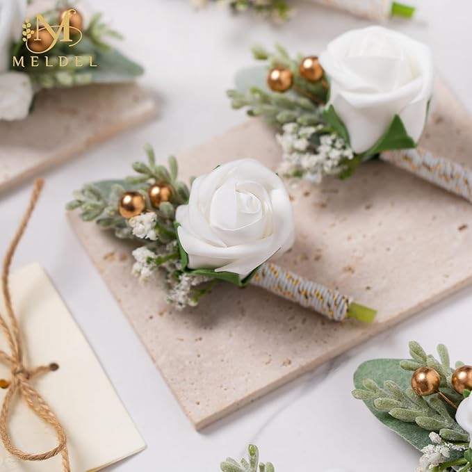 Meldel White Boutonniere for Men Wedding,Set of 6,Groom and Groomsman Boutonniere for Wedding,Greenery Rose Corsage for Men Ceremony Anniversary Party Prom Homecoming