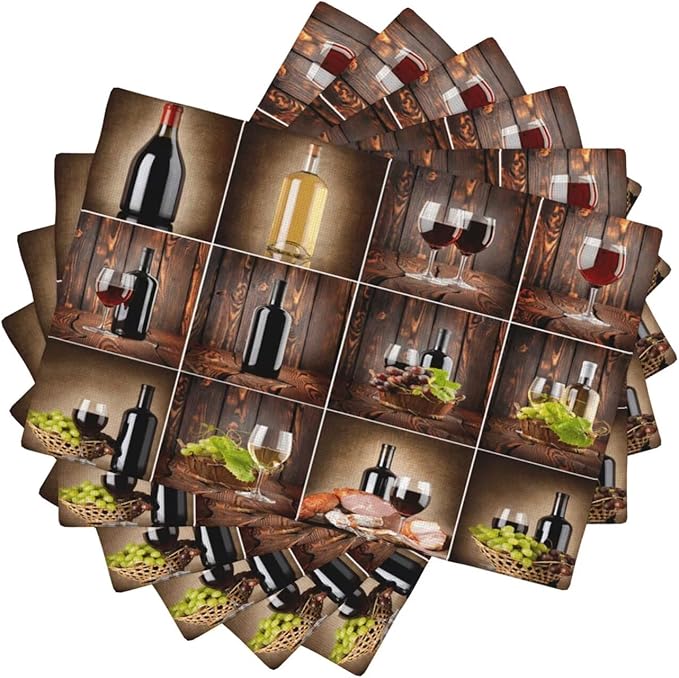 Wine Linen Placemats Set of 6 Retro Country Red Wine Print Modern Art Placemat Indoor Outdoor Party Home Desktop Kitchen Dining Room Decoration 12x18 Inch