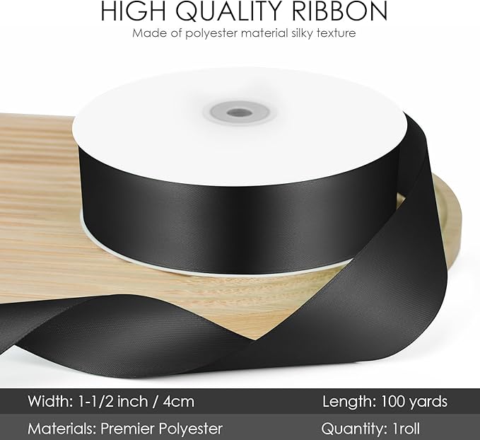 100 Yards 1-1/2 inch Satin Ribbon, Fabric Ribbon Solid Color Perfect for Gift Wrapping, Wedding, Handmade Bows, Floral Bouquets and Party Decoration(Black)