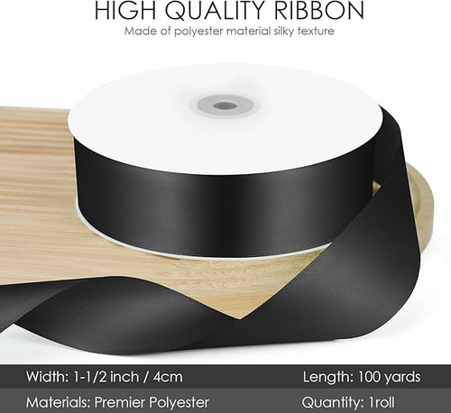 100 Yards 1-1/2 inch Satin Ribbon, Fabric Ribbon Solid Color Perfect for Gift Wrapping, Wedding, Handmade Bows, Floral Bouquets and Party Decoration(Black)