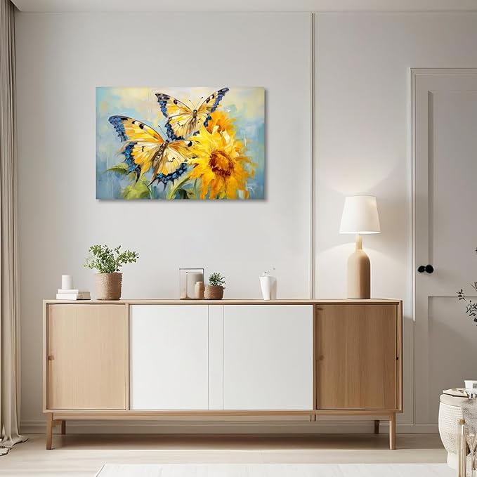 KPLUNDO Butterfly Wall Art Sunflower Picture Abstract Landscape Painting Modern Aesthetics Artwork for Living Room Office Home Wall Decor Stretched and Framed Ready to Hang(Art-5,12.00x18.00 inch)