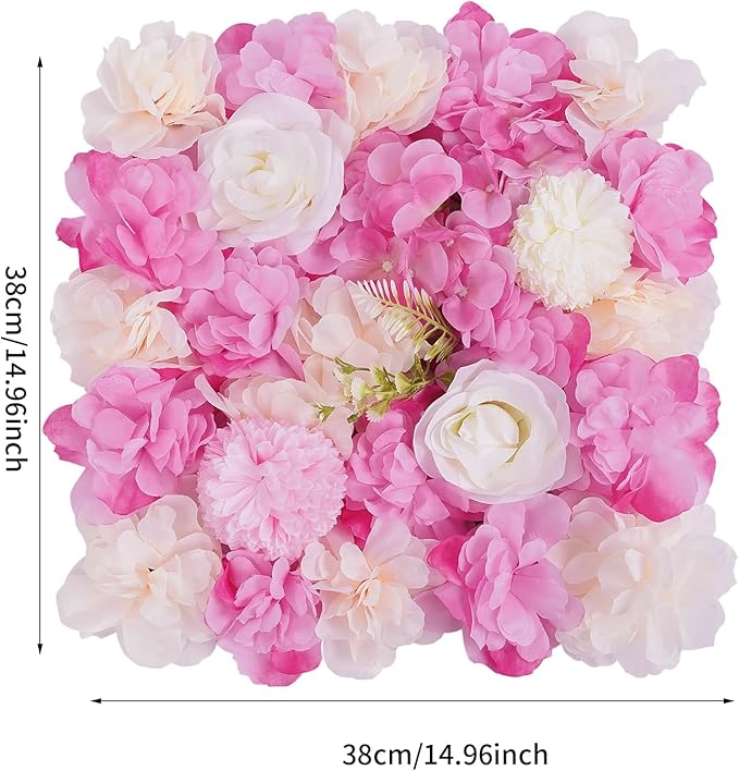 DouSeiAi 12Pcs Artificial Flower Wall Panel 3D Floral Backdrop Walls 15" X 15" Flower Wall Decor Flower Backdrop Faux Flowers Panel for Wedding Party Home Decoration, White/Deep Pink
