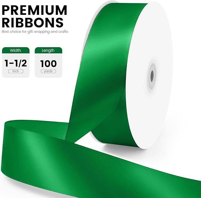 1-1/2" x 100 Yards Satin Ribbon - Wide Silk Green Ribbon with Spool - Ideal for Gift Wrapping, Floral Bouquets, Crafts, Wedding Party Decorations, Christmas and Sewing Projects
