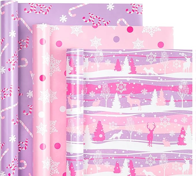 WRAPAHOLIC Christmas Wrapping Paper Roll - Mini Roll - 3 Rolls - 17 Inch X 120 Inch Per Roll - Pastel Pink and Purple Reindeer, Candy Cane with JOY, Snowflake Holiday Collection