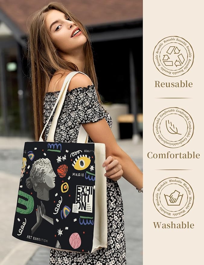 AUSVKAI Canvas Tote Bag Aesthetic for Women, Cute Reusable Bags with Pockets & Snaps for Beach Shopping College Gym Grocery