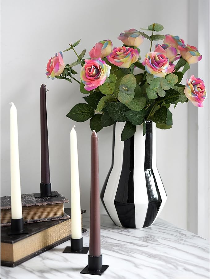 FiveSeasonStuff Rainbow Real Touch Silk Artificial Flowers ‘Petals Feel and Look Like Fresh Roses’ 9 Stems with Eucalyptus, Candle Holders and Jute Ribbon