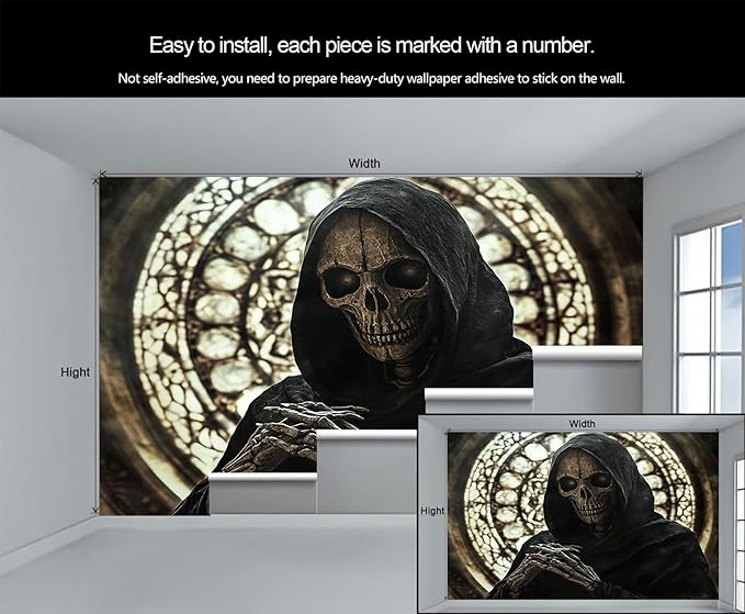 Gothic Skeleton Wall Mural, Dark Fantasy Skull 3D Wall Murals, Medieval Gothic Wallpaper Mural, for Living Room Bedroom Large Wallpaper Indoor Decor 118" W x 82.6 "H
