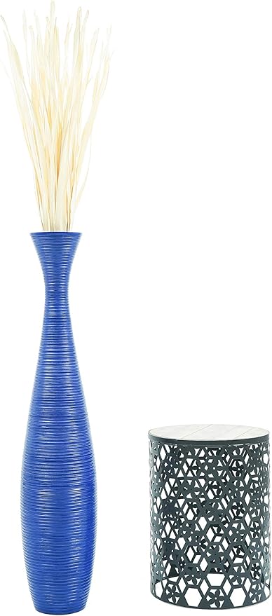 Leewadee Large Blue Home Decor Floor Vase - Wooden 41 inch Tall Farmhouse Decor Flower Holder for Fake Plant and Pampas Grass