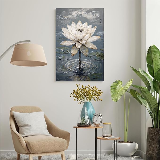 Stunning white lotus emerges from prismatic water with delicate petals background Serene aquatic wall art suitable for modern minimalist decor 28x40in Frameless
