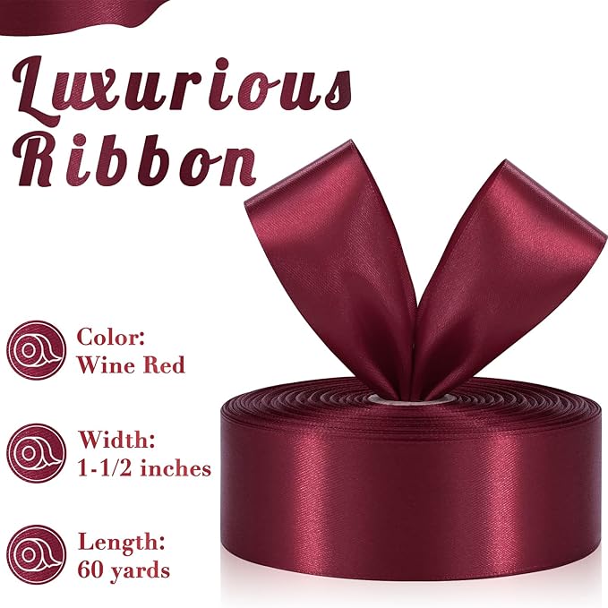 Wine Red Ribbon 1-1/2 Inch, 60 Yards Burgundy Satin Ribbon for Eternal Flower, Fabric Ribbon for Flower Bouquet Gift Wrapping Crafts Wedding Christmas