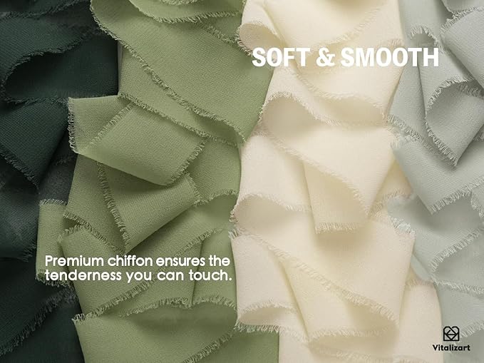 Vitalizart 9 Rolls 1.5" Green & White Chiffon Silk Ribbon Handmade Fringe Total 27 Yd Frayed Edges Ribbons for Wedding Invitations Crafts Holiday Decor Bridal Bouquets Gifts Wrapping
