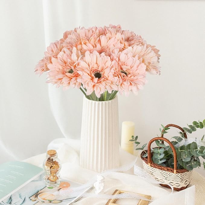 Artificial Gerbera Daisies Flowers Pink Silk Flowers Gerber Daisy Artificial 10PCS 17.7in Fake Daisies for Wedding Bridal Bouquet Party Home Kitchen Decor(Pink)
