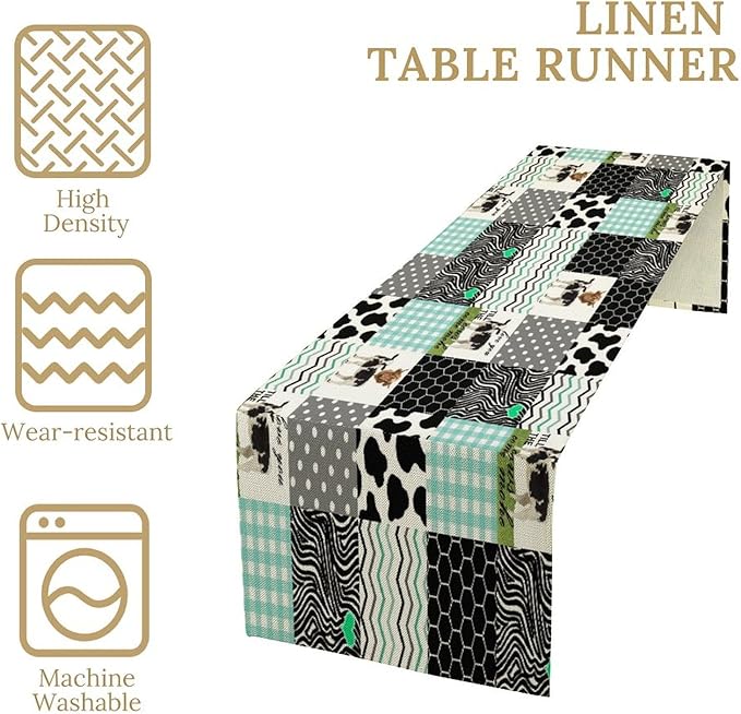 Cute Cow Print Table Runner,Farm Animals Honeycomb Plaid Stripes Cowhide Pattern Tablecloth Burlap for Hotel Indoors Outdoor Dining Room Kitchen Table Decor, 13x80in