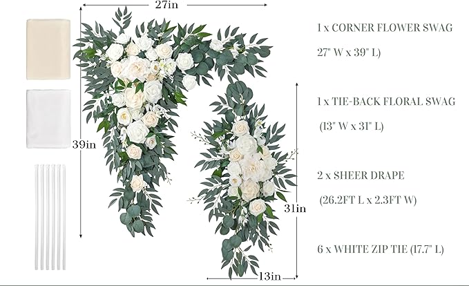 Ting's time Artificial Wedding Arch Flowers Kit(Pack of 4) 2pcs Large Artificial Flower Swags with 2pcs Draping Fabric for Wedding Party Ceremony Decoration(White)