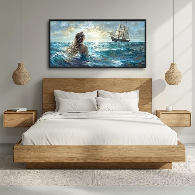 Mermaid Large Wall Art Ocean Mermaid Boat Pictures Wall Decor Nautical Canvas Seascape Print Painting Modern Artwork Home Decoration for Living Room Bathroom Bedroom Office Framed 60"x30"