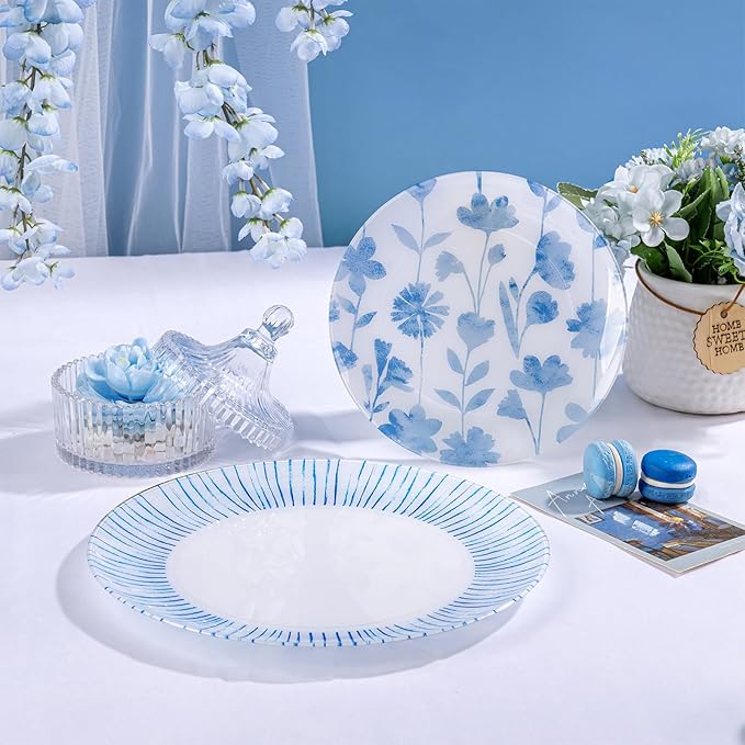 U-QE 20Pcs Blue Plastic Plates - Botanical Stripes Hanukkah Plates Disposable Heavy Duty, Fancy Floral Pattern Perfect for Hanukkah, Tea Parties, Holidays - 10.25" Dinner & 7.5" Dessert Plate