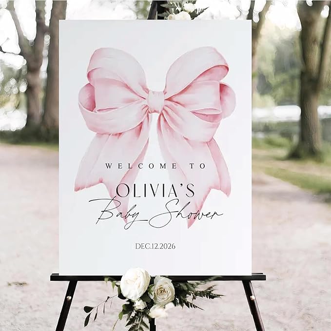 Personalized Pink Bow Baby Shower Welcome Sign, Custom Minimalist Bow Baby Girl Party Sign, Baby's Shower Gifts, Birthday Gifts, Gender Reveal Decorations, Newborn Announcement Party Supplies - 06