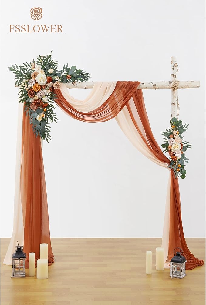 Wedding Arch Flowers with Drapes Kit (Pack of 4) - 2pcs Artificial Terracotta Deluxe Swag with 2pcs Sheer Drapes for Wedding Ceremony Backdrop Rose Floral Decoration Arbor Reception