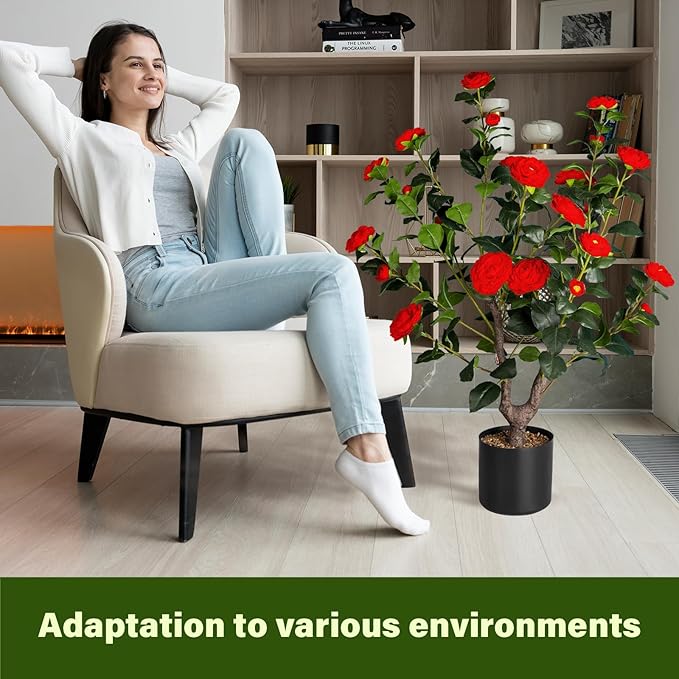 Artificial Camellia Tree,2Pack 3FT Faux Red Camellia Plants in Pots,Lifelike Artificial Flower Trees for Indoor Outdoor Home Decor,Realistic Blooming Faux Plants for Living Room Porch Patio Office
