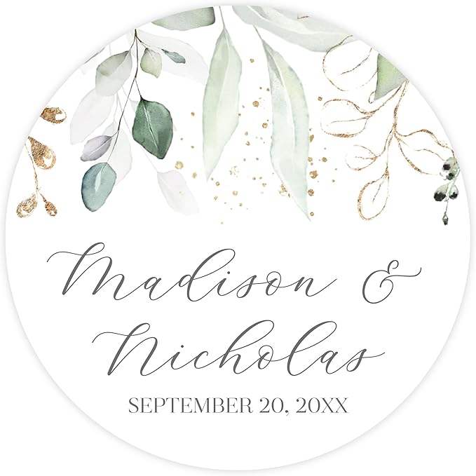 Personalized Floral Wedding Stickers with Your Choice of 30 Flower Styles - Choose Font and One of Five Pre-made Phrases or Add Custom Text (003 - Green and Gold Leaves)