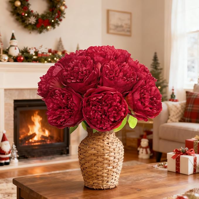 U'Artlines 10 Heads Artificial Peony Silk Flower Leaf Home Office Wedding Party Festival Bar Decor (Red)