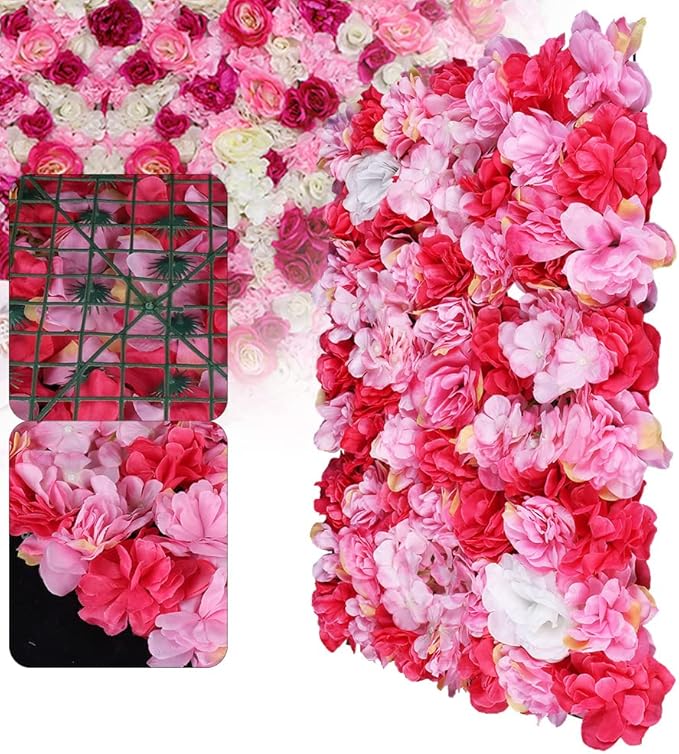 12Pcs 15.75"x 23.62"x0.79" Artificial Flower Wall Panels,Flower Wall Mat Silk Flower Panels for Outdoor Garden Backyard Fence Fence Privacy Screen and Indoor Wall Decor (12Pcs Red Pink)