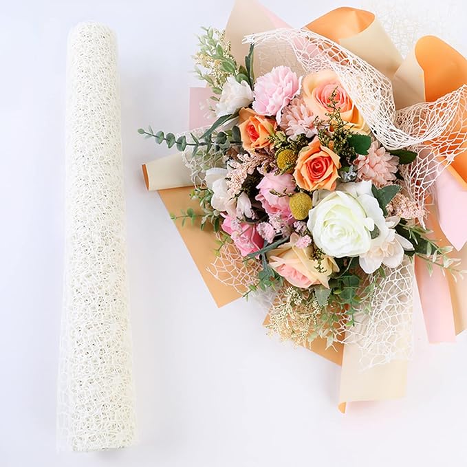 Korean Jacquard Net Mesh Openwork Floral Wrapping Paper 1 Roll Florist Supplies Flower Bouquet Wrapping Paper Floral Supplies for Fresh Flowers, 50cm x 5 Yard (Milk White)