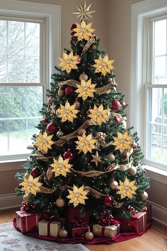 Hollyone 3PCS Poinsettia Christmas Flowers Artificial 11" Large Gold Glitter Poinsettia Flowers Christmas Tree Ornaments Floral Picks for Tree Wreath Garland Vase Table Centerpiece Home Decor