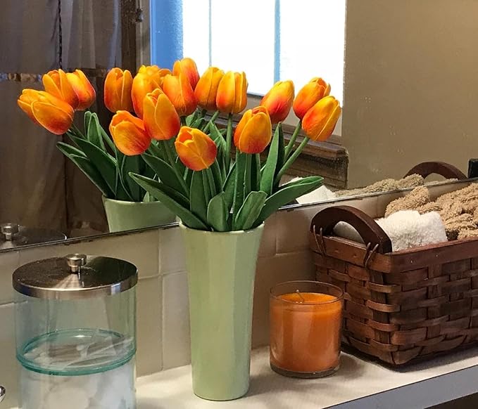 Tulips Artificial Flowers 20 Pcs Orange Fake Tulip Stems Real Touch PU Tulips for Easter Spring Wedding Bouquet Home Centerpiece Floral Arrangement Table Décor