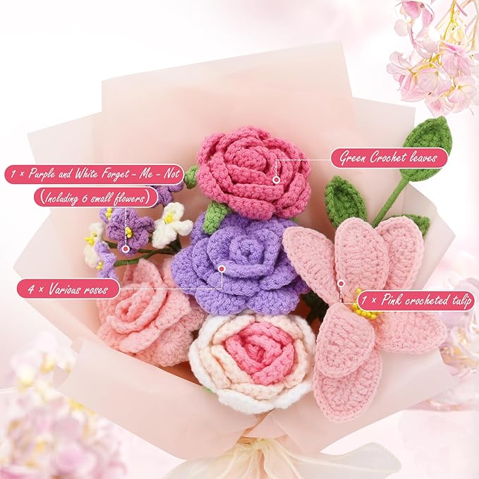 Crochet Flowers,Finished Bouquet Crocheted Cotton Thread Flowers, Handmade Crochet Rose Tulip Fern Leaf as a Gift for Lover, Friends. Artificial Flower (Light Pink)