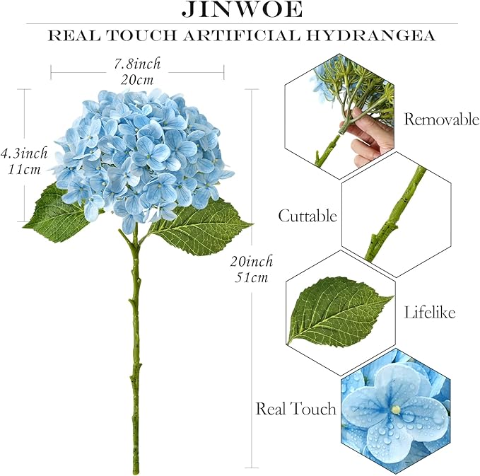 4Pcs Hydrangea Artificial Flowers, 20" Lifelike Latex Silk Real Touch Faux Hydrangea Flowers, Artificial Hydrangeas Bouquet for Wedding Centerpieces Tables Party Home (Sky Blue)