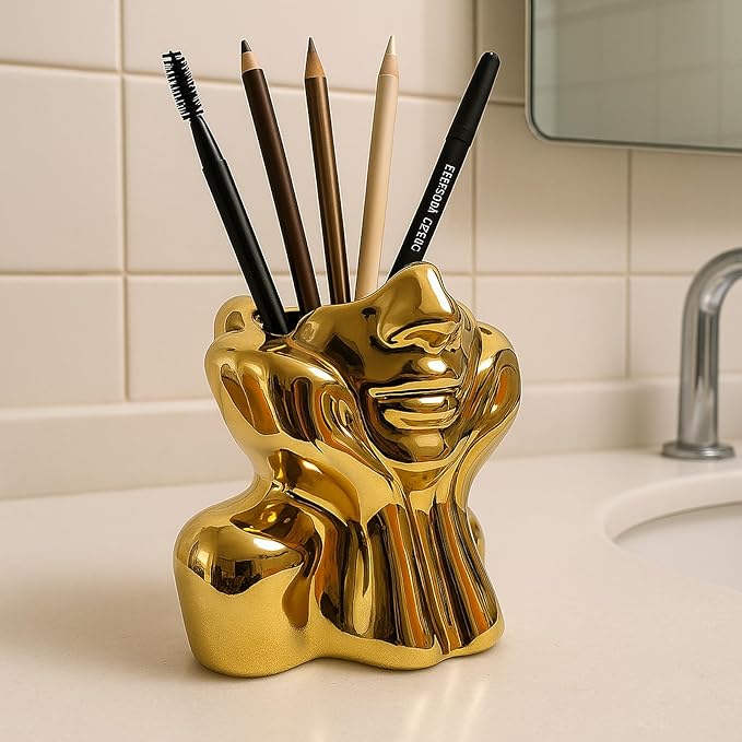 Face Vase Unique Ceramic Vase for Room,Office,Home Decor,Gold,A