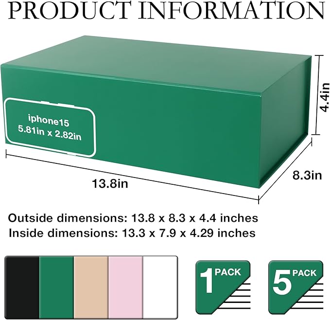 Green Christmas Gift Box with Magnetic Lids 13.8x8.3x4.4 in, Bridesmaid Groomsman Proposal Box, Large Rectangle Storage Box 1 Pack