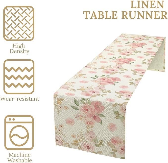 Vintage Rose Table Runner, Watercolor Romantic Pink Floral Blossoms Table Runner for Kitchen Dining Holiday Party Home Decor, 13x36 Inch