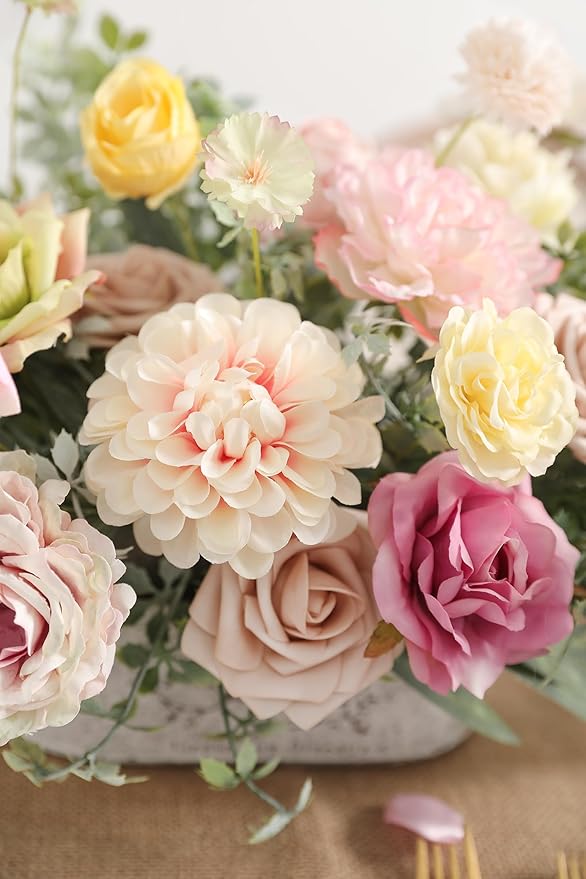 Light Pink Artificial Flowers Combo Set Fake Flower Leaf Box with Stemst for DIY Wedding Bridal Bouquet, Centerpieces, Home Decor, Floral Arrangement Decor