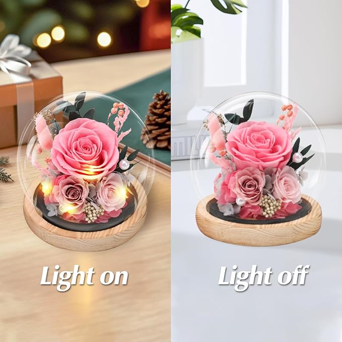 Preserved Roses Flowers for Delivery, Pink Forever Flores in Glass Dome for Women Mom Grandma Wife Girlfriend, Eternal Rose Anniversary Birthday Gift for Valentines Mothers Day Christmas