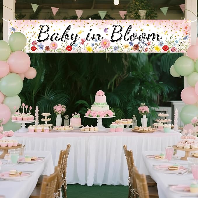 Pink Coral Baby in Bloom Baby Shower Banner, Floral Watercolor Floral Design, Party Decoration, 180x33 cm