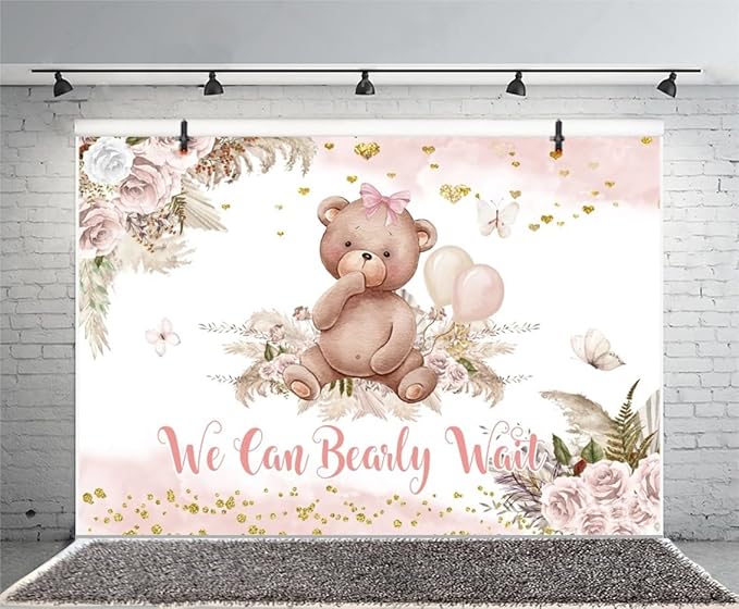 Leyiyi 5x3ft Bear Baby Shower Backdrop We Can Bearly Wait Photography Background Boho Pampas Grass Balloons Pink Floral It's a Girl Gender Reveal Party Decoration Kids Adults Portrait Photo Props