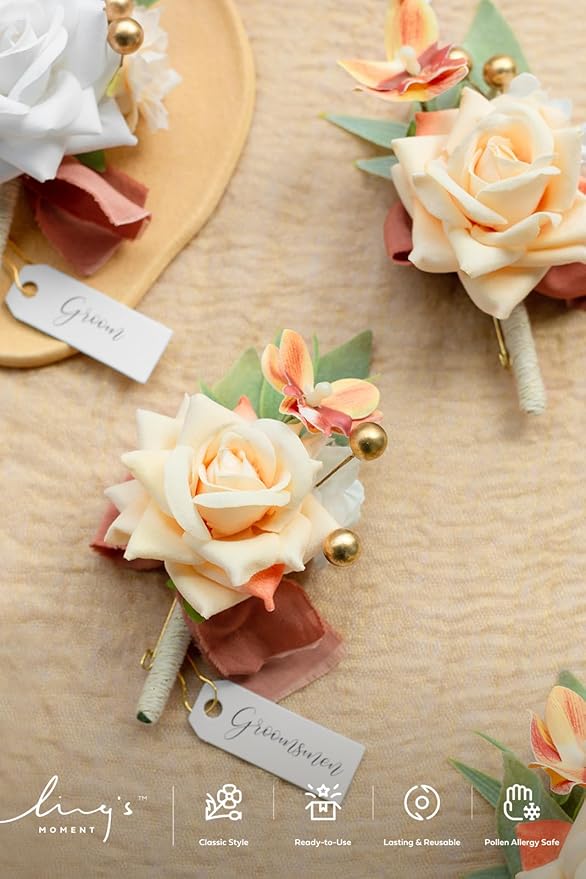 Ling's moment Boutonniere for Men, 6pcs Groom Groomsmen Boutonniere, Artificial Flowers for Wedding Decor/Prom/Homecoming, etc.Terracotta White